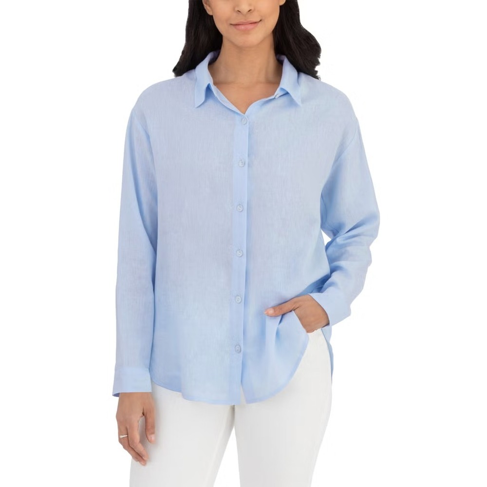 BlankNYC Womens Blue Linen Blend Button Up Long Sleeve Shirt 1959114 L NEW